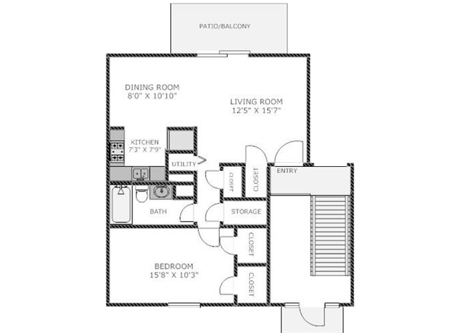 Floor plan for 1 bed, 1 bath, 750 sqft