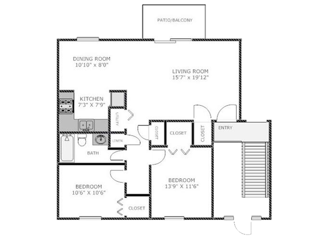 Floor plan for 2 beds, 1 bath, 860 sqft