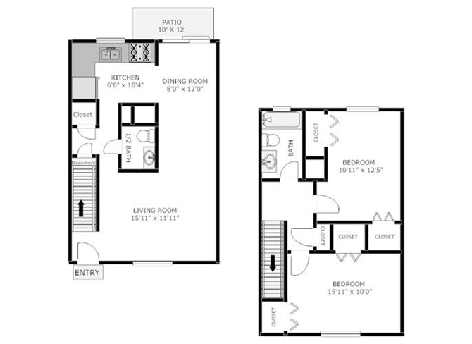 Floor plan for 2 beds, 1.5 baths, 920 sqft