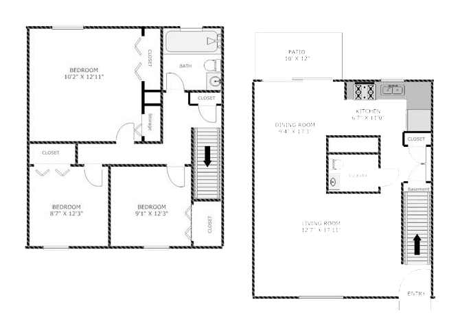 Floor plan for 3 beds, 1.5 baths, 1260 sqft