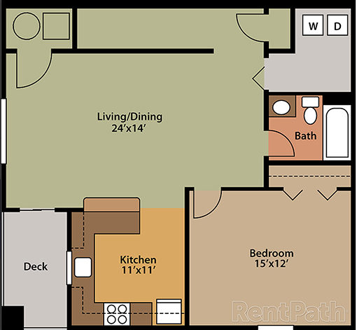 Floor plan for 1 bed, 1 bath, 857 sqft