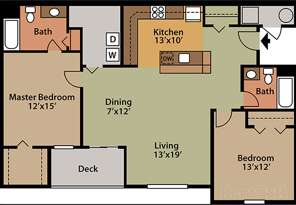 Floor plan for 2 beds, 2 baths, 1130 sqft