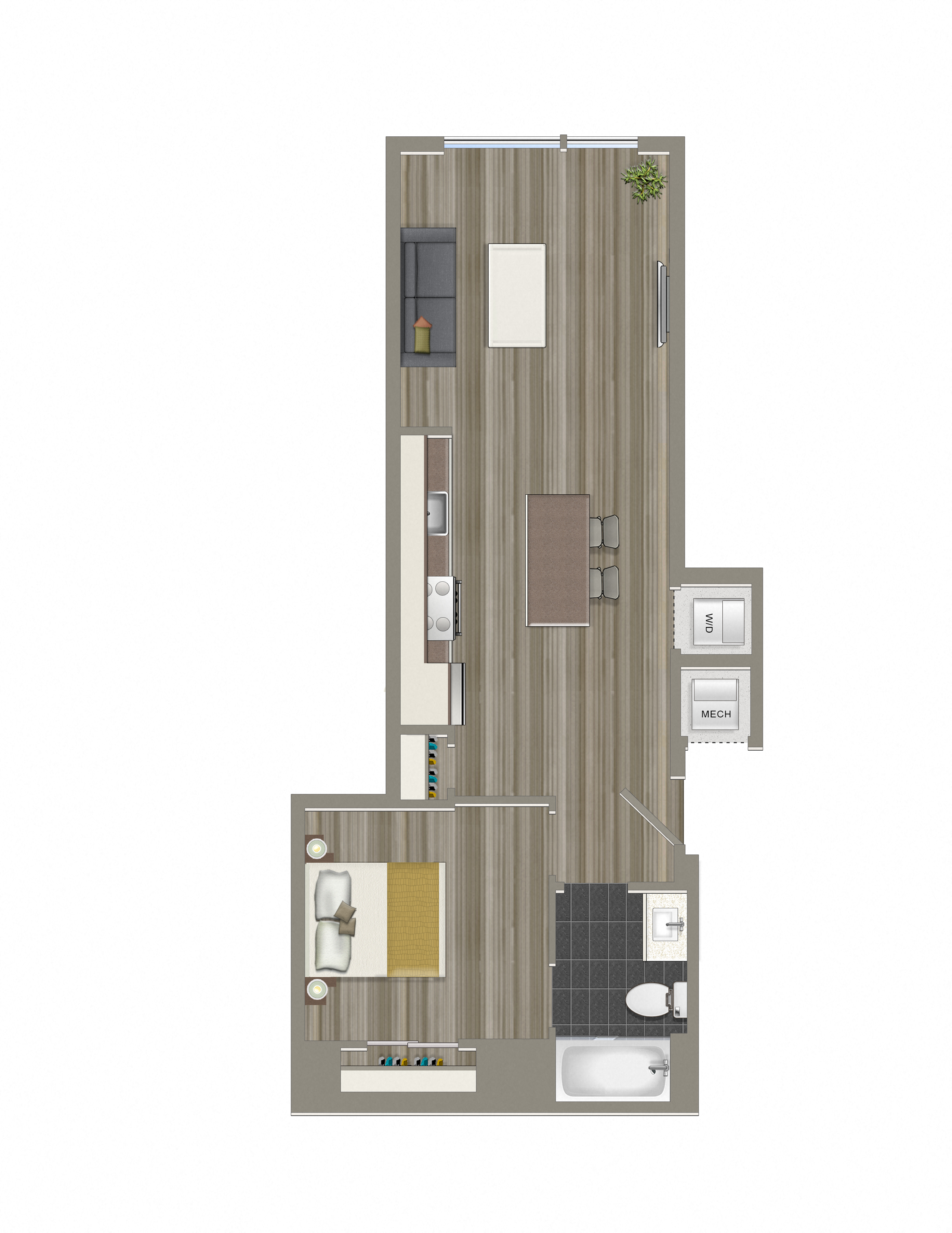 Floor plan for 1 bed, 1 bath, 614 sqft