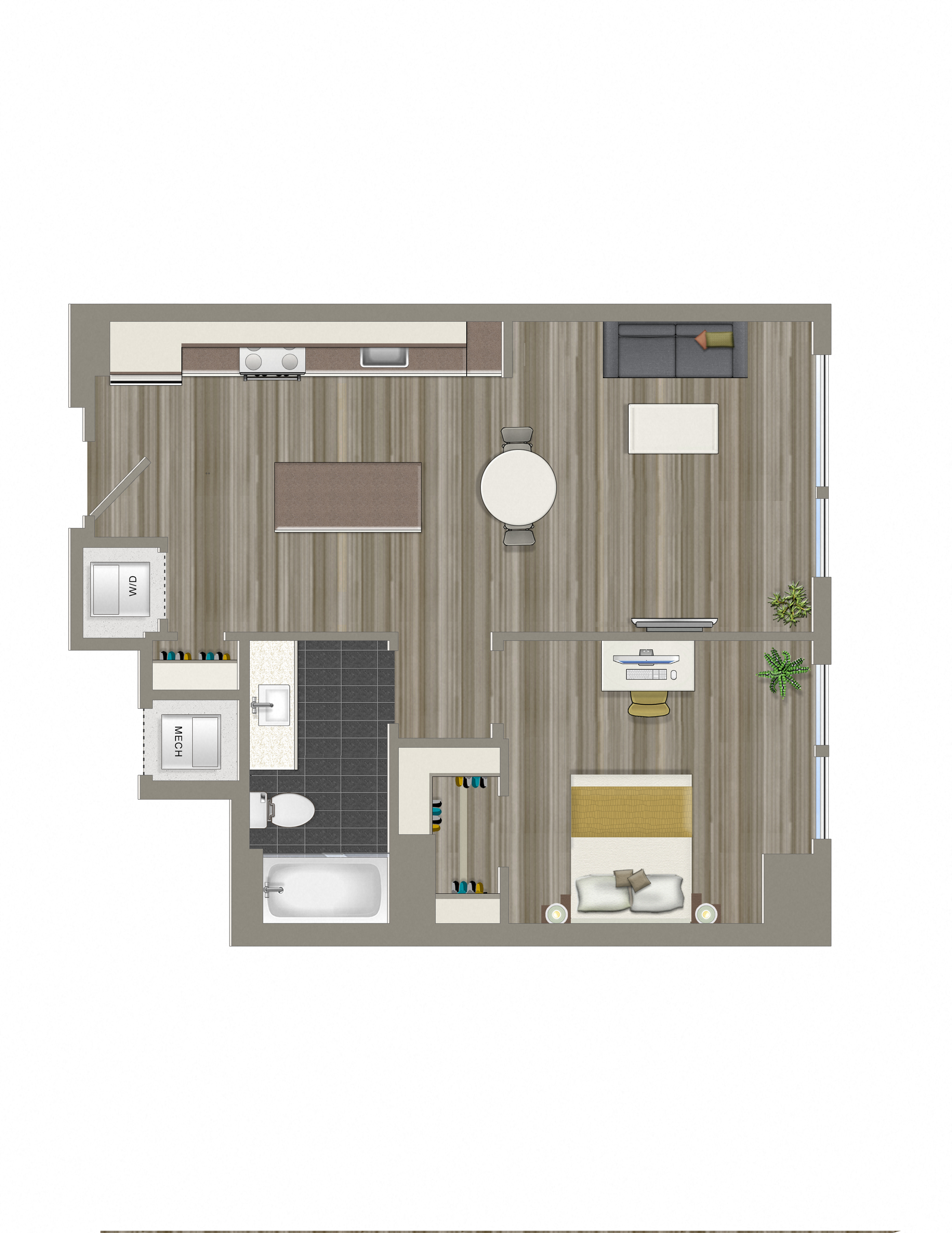 Floor plan for 1 bed, 1 bath, 661 sqft