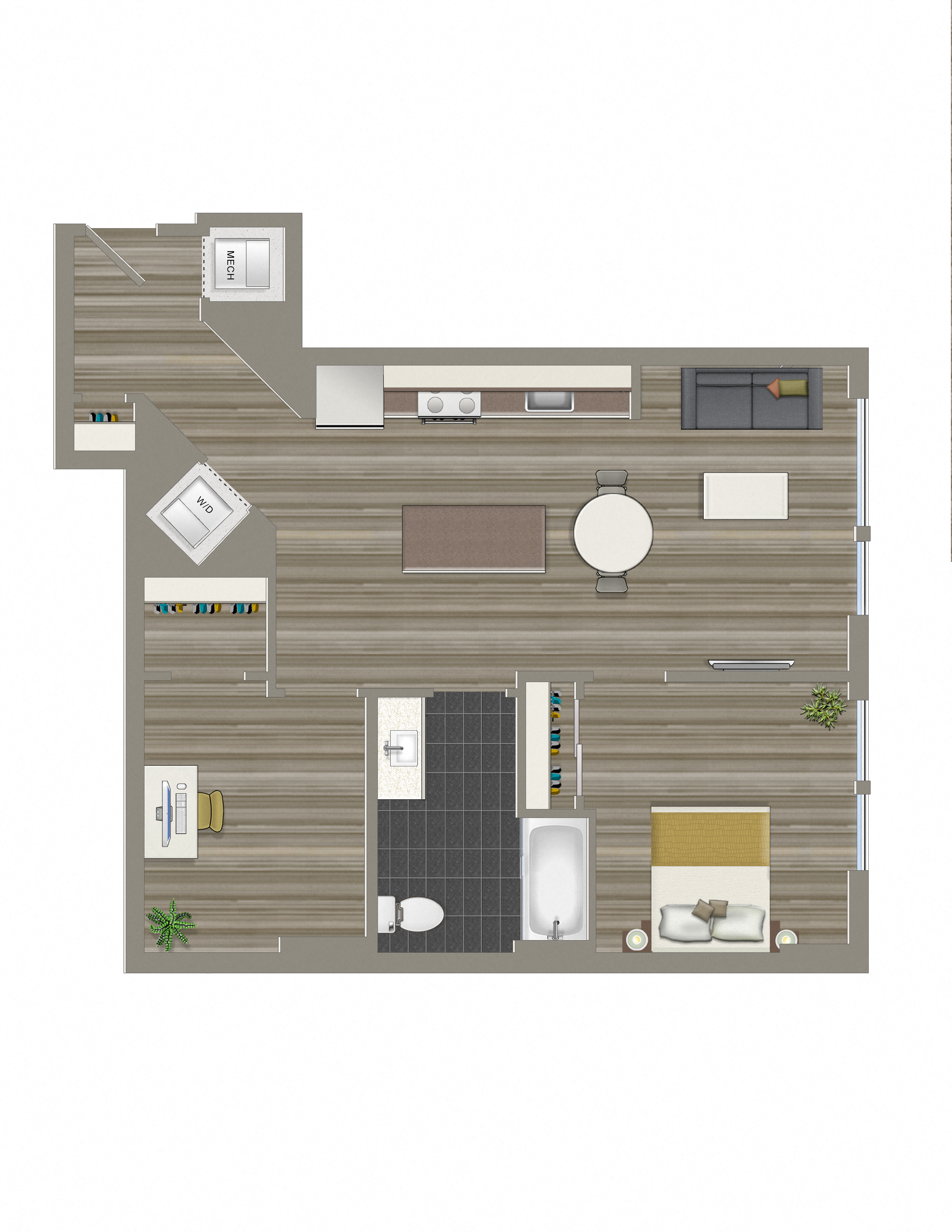 Floor plan for 2 beds, 1 bath, 766 sqft