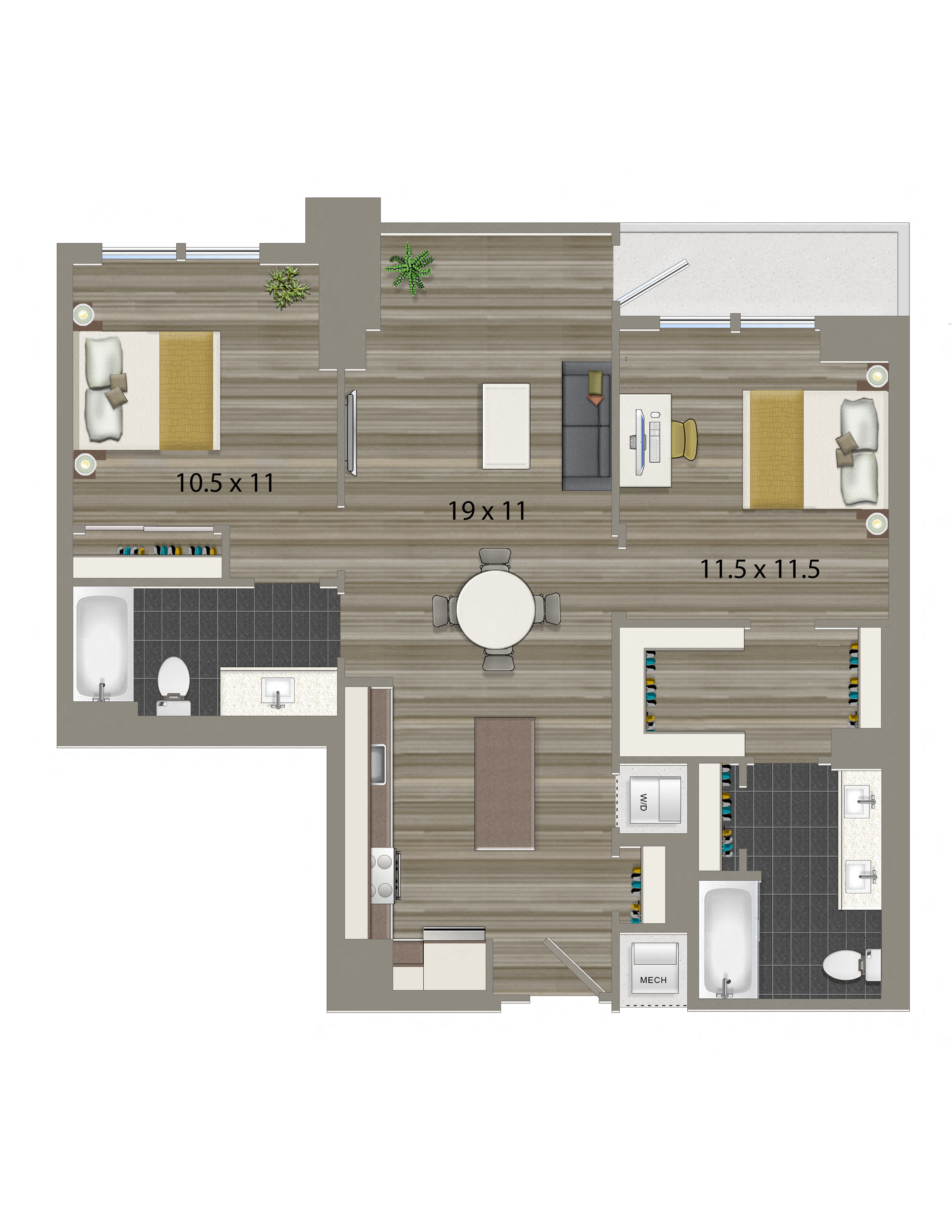 Floor plan for 2 beds, 2 baths, 1032 sqft