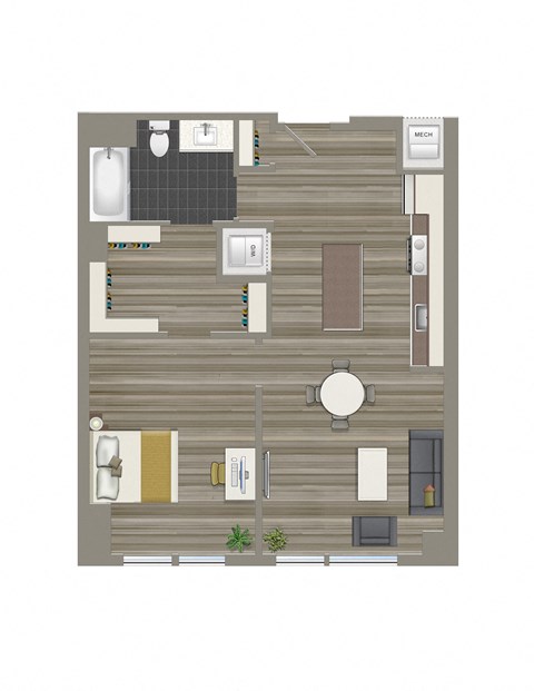 Floor plan for 1 bed, 1 bath, 743 sqft