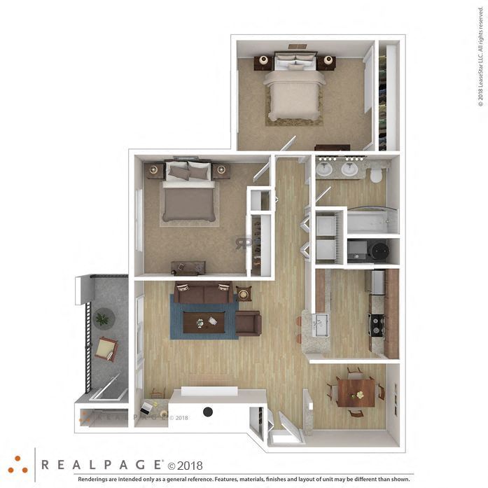 Floor plan for 2 beds, 1 bath, 891 sqft