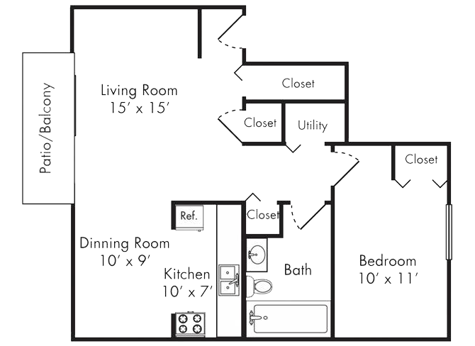 Floor plan for 1 bed, 1 bath