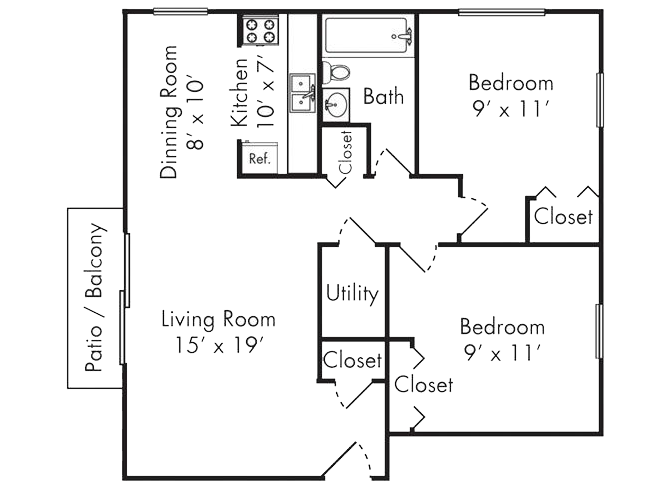 Floor plan for 2 beds, 1 bath