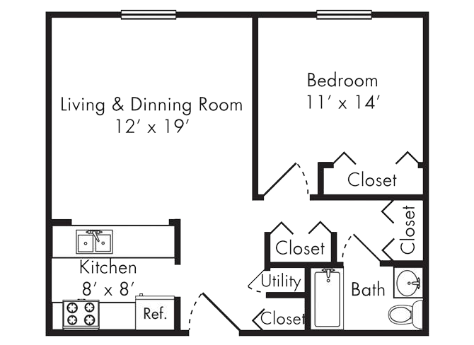 Floor plan for 1 bed, 1 bath