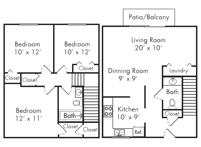 Floor plan for 3 beds, 1.5 baths