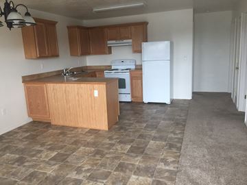 Sidney apartment for rent - A kitchen with a white fridge and wooden cabinets.