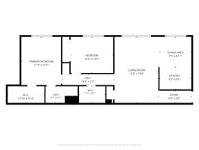 Arroyo Grande apartment for rent - A floor plan of a house with a living room, dining area, kitchen, two bedrooms, a bathroom, and a foyer.