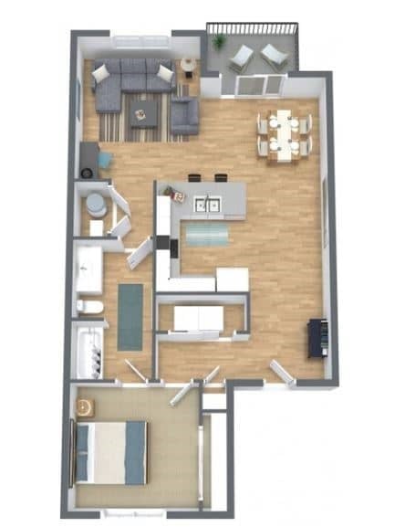 Floor plan for 1 bed, 1 bath, 771 sqft