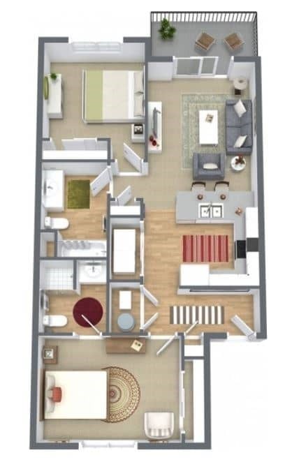 Floor plan for 2 beds, 2 baths, 913 sqft