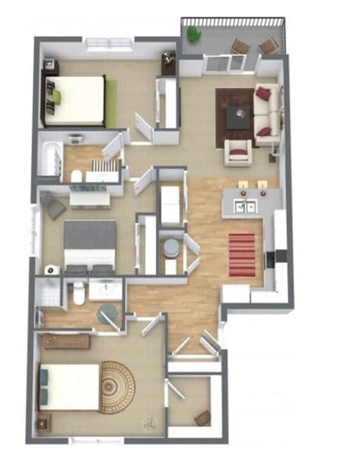 Floor plan for 3 beds, 2 baths, 1263 sqft