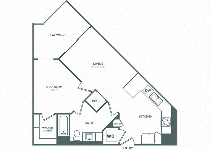 Floor plan for 1 bed, 1 bath, 677 sqft