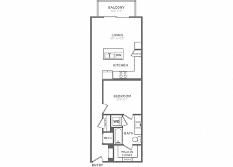 Floor plan for 1 bed, 1 bath, 766 sqft