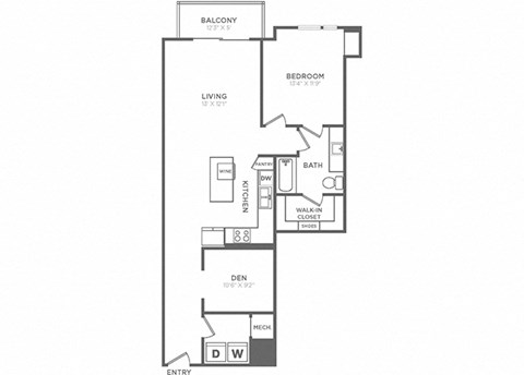 Floor plan for 1 bed, 1 bath, 1056 sqft