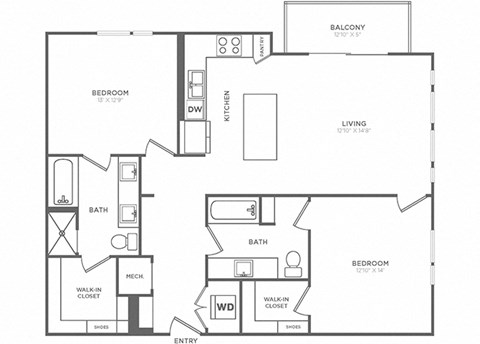 Floor plan for 2 beds, 2 baths, 1202 sqft