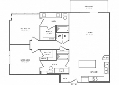 Floor plan for 2 beds, 2 baths, 1275 sqft