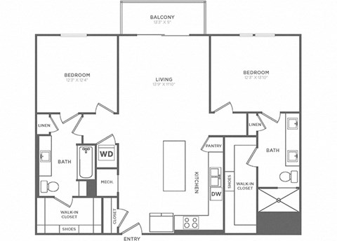 Floor plan for 2 beds, 2 baths, 1272 sqft