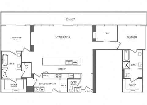 Floor plan for 2 beds, 2.5 baths, 1905 sqft