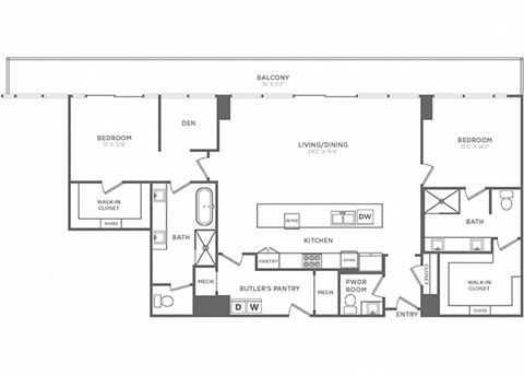 Floor plan for 2 beds, 2.5 baths, 1985 sqft