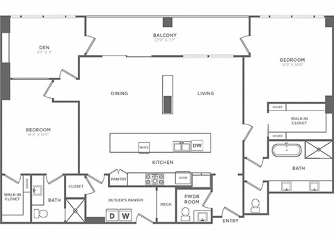 Floor plan for 2 beds, 2.5 baths, 2002 sqft