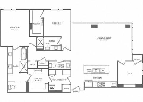 Floor plan for 2 beds, 2.5 baths, 2066 sqft