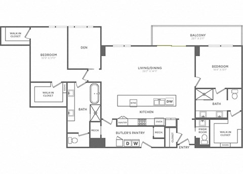 Floor plan for 2 beds, 2.5 baths, 2169 sqft