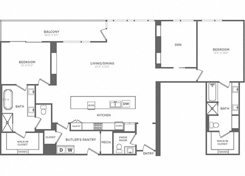 Floor plan for 2 beds, 2.5 baths, 2124 sqft