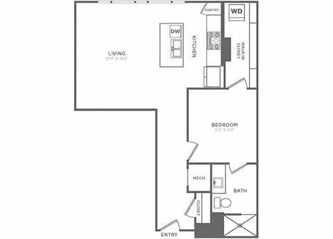 Floor plan for 1 bed, 1 bath, 854 sqft