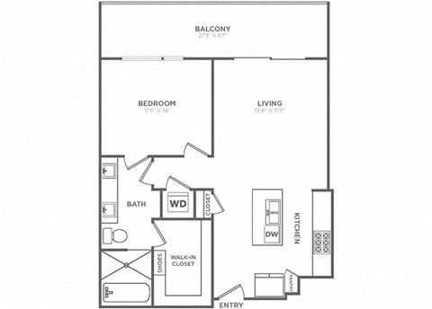 Floor plan for 1 bed, 1 bath, 901 sqft