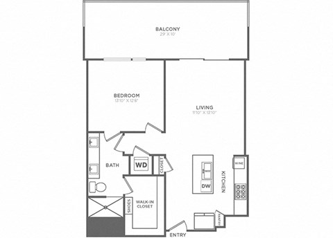 Floor plan for 1 bed, 1 bath, 929 sqft
