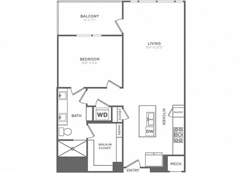 Floor plan for 1 bed, 1 bath, 979 sqft