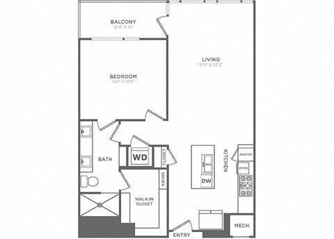 Floor plan for 1 bed, 1 bath, 994 sqft