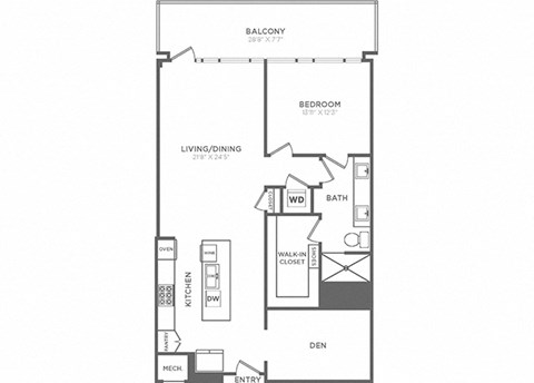 Floor plan for 1 bed, 1 bath, 1193 sqft