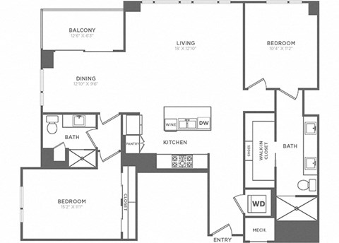 Floor plan for 2 beds, 2 baths, 1468 sqft