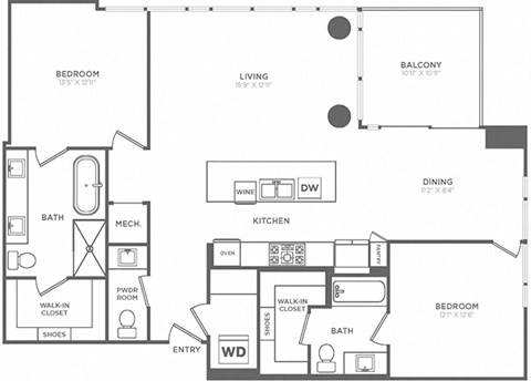 Floor plan for 2 beds, 2.5 baths, 1474 sqft