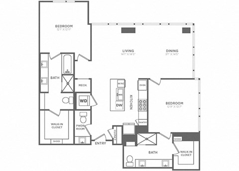 Floor plan for 2 beds, 2.5 baths, 1537 sqft