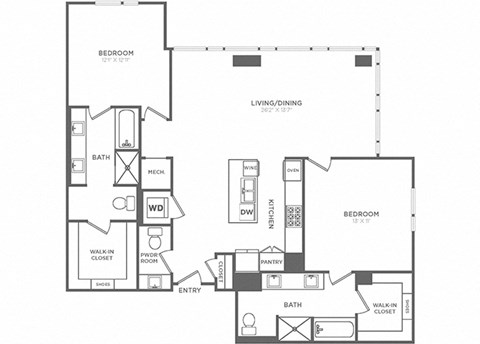 Floor plan for 2 beds, 2.5 baths, 1606 sqft