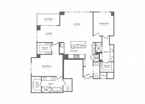 Floor plan for 2 beds, 2.5 baths, 1670 sqft