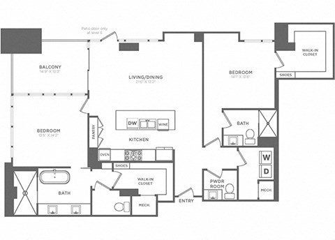 Floor plan for 2 beds, 2.5 baths, 1724 sqft
