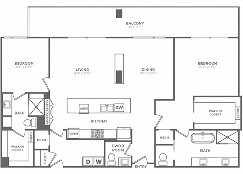 Floor plan for 2 beds, 2.5 baths, 1779 sqft