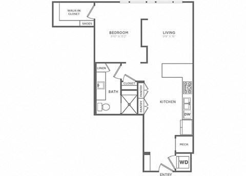 Floor plan for studio, 1 bath, 786 sqft