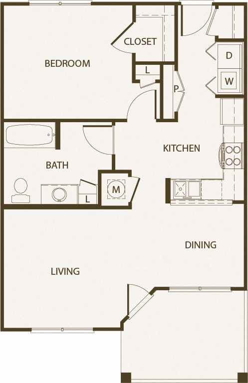 Floor plan for 1 bed, 1 bath