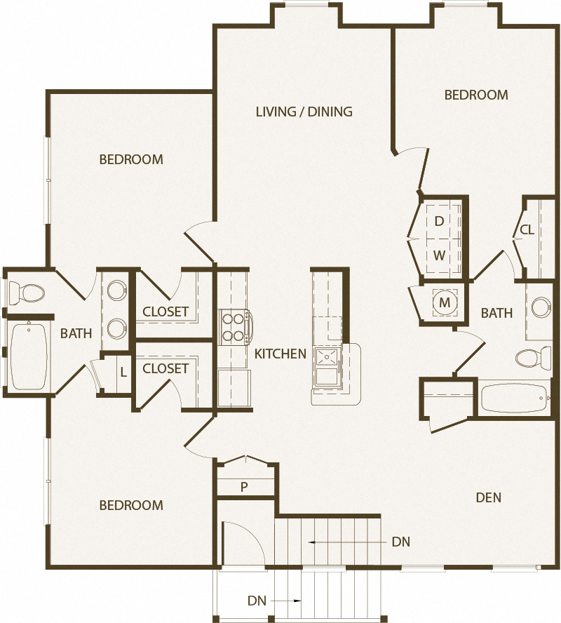 Floor plan for 3 beds, 2 baths