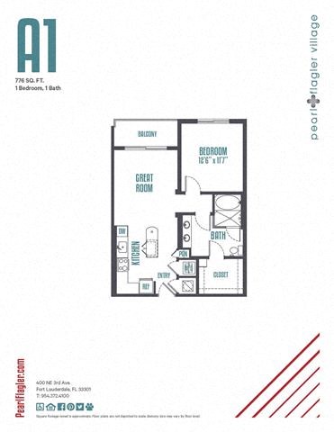 Floor plan for 1 bed, 1 bath, 779 sqft